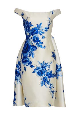 Faille/Silk/Wool Fitted Draped Off the Shoulder Sleeveless Floral Print  Dress