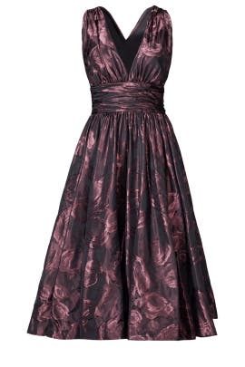 V-neck Full-Skirt Metallic/Polyester/Taffeta Sleeveless Floral Print Shirred Open-Back  Dress
