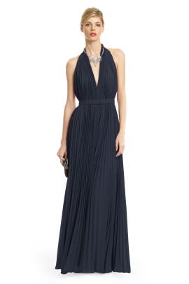 Halter Crepe/Polyester Pleated Belted Goddess  Dress