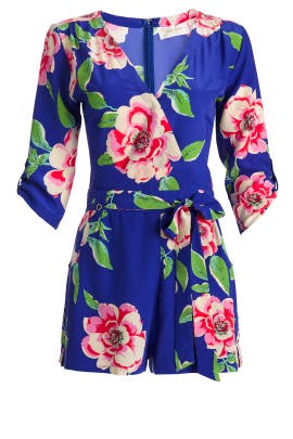 V-neck Silk Floral Print 3/4 Sleeves Romper 