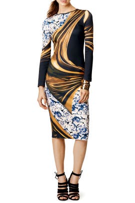 General Print Long Sleeves Polyester/Spandex Fitted Open-Back   Dress With Pearls