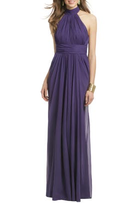 Chiffon/Polyester Flutter Sleeveless High-Neck Open-Back Crinkled Full-Skirt  Dress