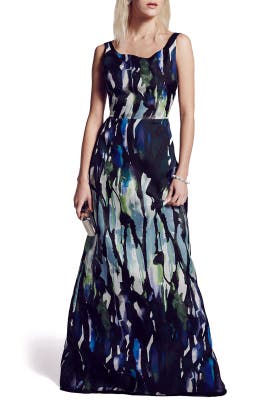 Floral Print Sleeveless Pleated Open-Back Full-Skirt Silk  Dress