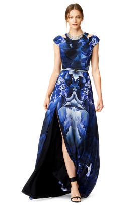 Cap Sleeves Belted Slit Floral Print Full-Skirt Chiffon/Silk  Dress