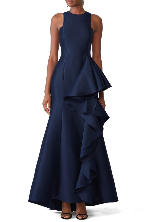 Navy Drama Ruffle Gown by Badgley 