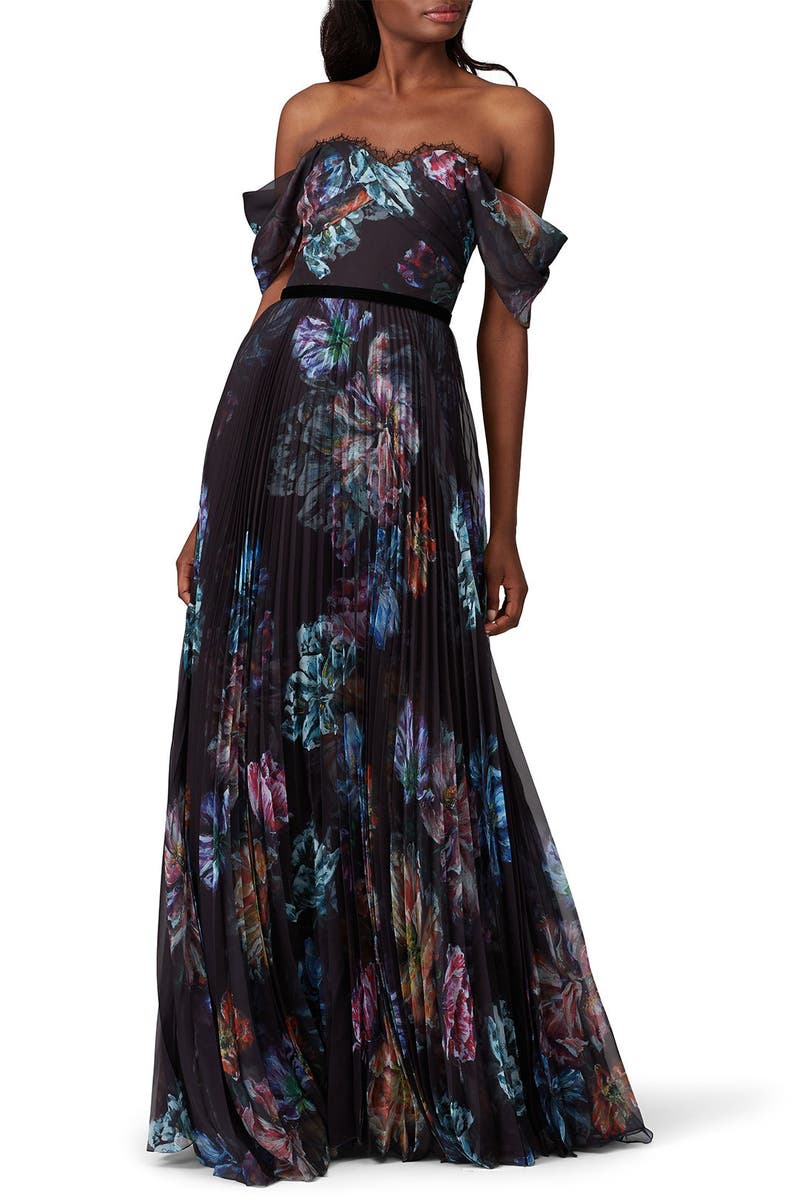 Black Floral Printed Gown by Marchesa 