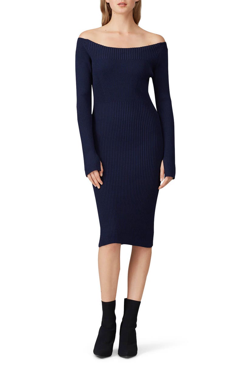 Navy Off The Shoulder Sweater Dress by 