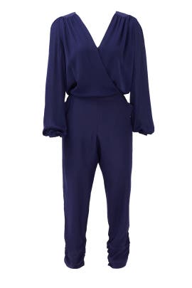 V-neck Cutout Ruched Crepe/Silk Elasticized   Waistline Long Sleeves Jumpsuit 