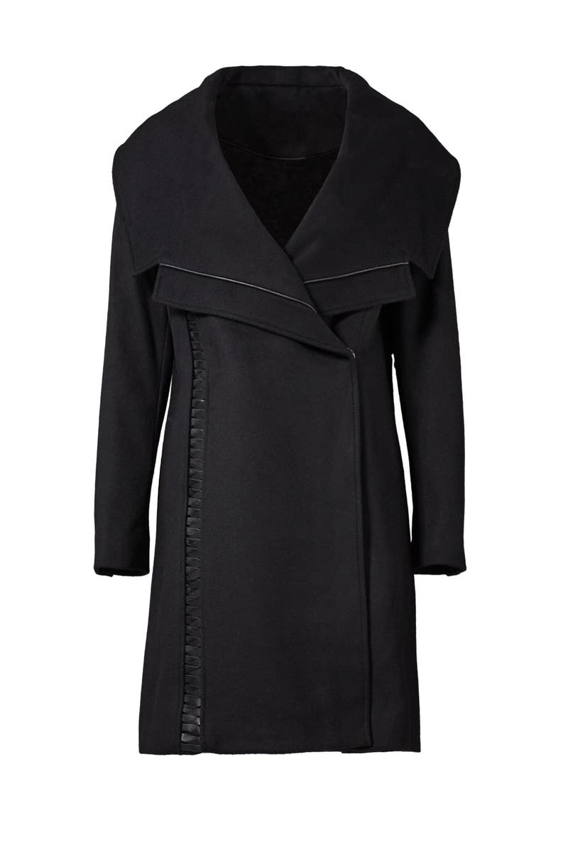 Badgley Mischka Womens Nikki Mid Length Italian Cashmere Wool Coat with Leather Braiding